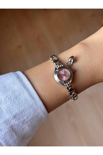 Vola Collection Thin Heart Cord Vintage Steel Silver Minimal Pink Case Women's Wristwatch with Charms -57