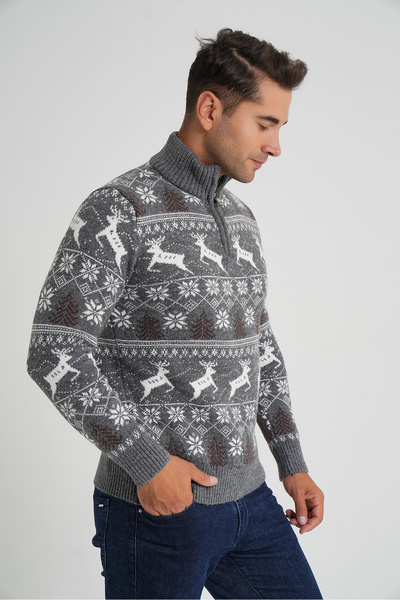 Trist Star Trist Star Men's Dark Grey Short Zip-Up Standing Collar Jacquard Deer Wool Christmas Sweater Trist-5362