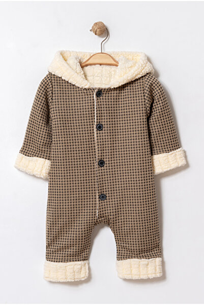 Chicsy Baby Winter Plaid Patterned Hooded Jumpsuit with Plush Lining and Buttons