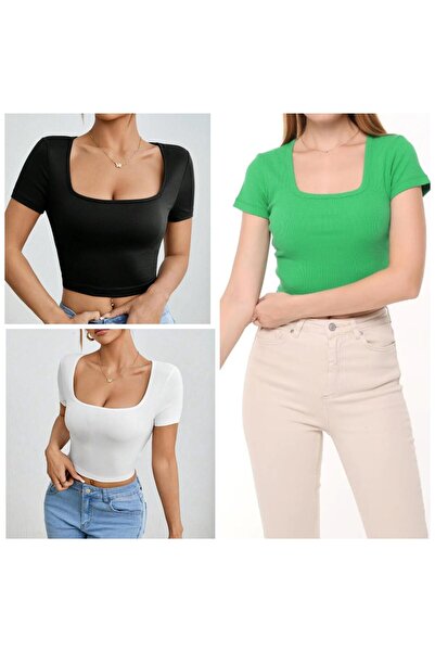 MİLYA&GYM Pachet de 3 tricouri crop cu guler pătrat, tip camisole, cu croială...