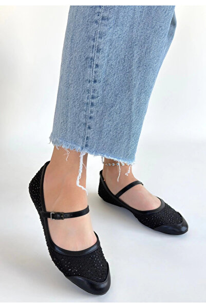 KAZAX Toyan Black Leather Ballerina Shoes