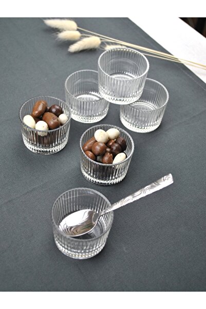 Qualitev 6 Pieces Striped Mini Glass Sauce Bowls, Coffee Side Bowls for Turkish Delicacies, Jam Bowls, Serving Bowls, Decorative Plates