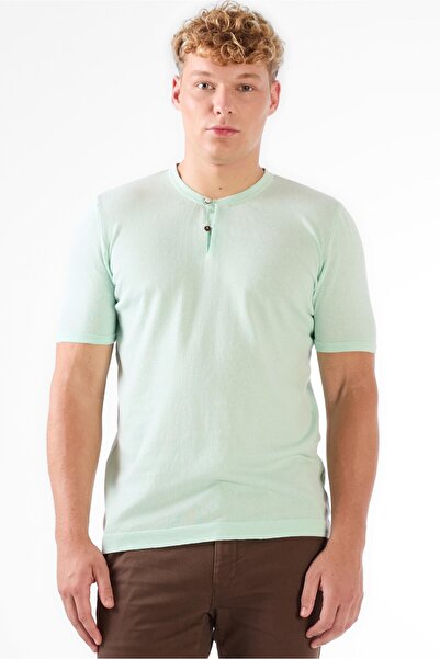 Dufy Men's Slim Fit Crew Neck Water Green Knitwear T-Shirt