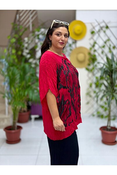 Punta Otantik Vl3009 Bat Sleeve Printed Voile Blouse Red