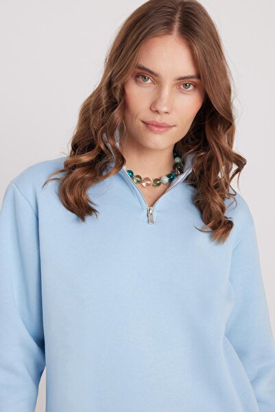 Tudors Γυναικείο φούτερ με μισό φερμουάρ, μπλε γιακά, από βαμβακερό φλις, άνετο και χαλαρό