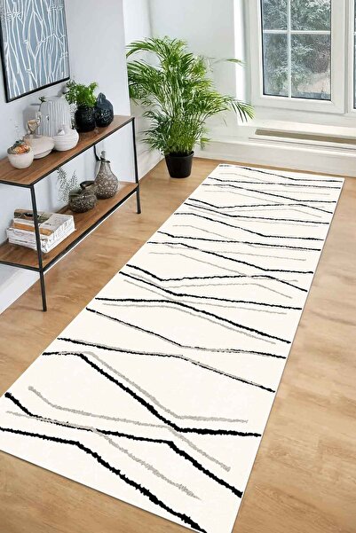 Decomia Home Dijital Kaymaz Yıkanabilir Krem Siyah & Vizon Çizgili Salon Halı...