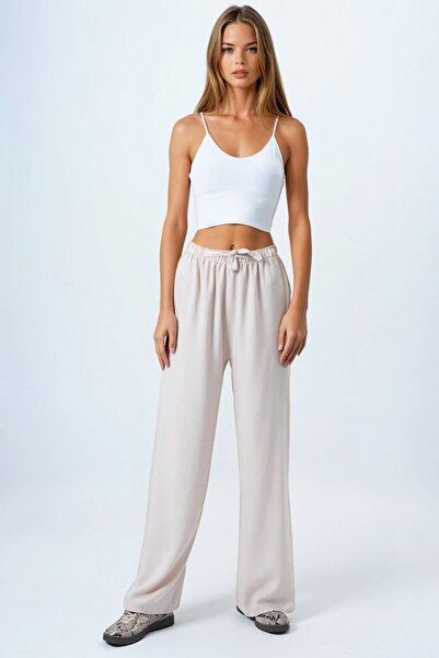 VAGGON Women's Beige Lace-Up Elastic Waist Palazzo Pants Vs00837