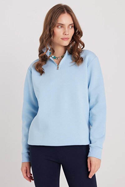 Tudors Γυναικείο φούτερ με μισό φερμουάρ, μπλε γιακά, από βαμβακερό φλις, άνετο και χαλαρό