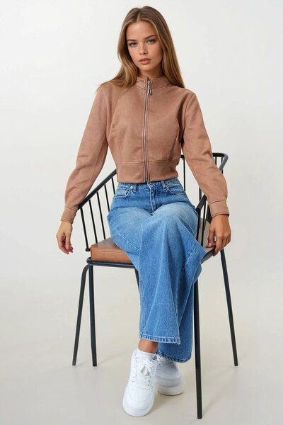 VAGGON Zippered Judge Collar Suede Textured Short Jacket