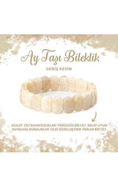 Deniz Doğal Taş Certified Moon Stone Natural Stone Wide Cut Bracelet