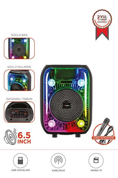 Torima Bluetooth Hoparlör Kablolu Mikrofonlu Rgb Işıklı Speaker D66 Siyah