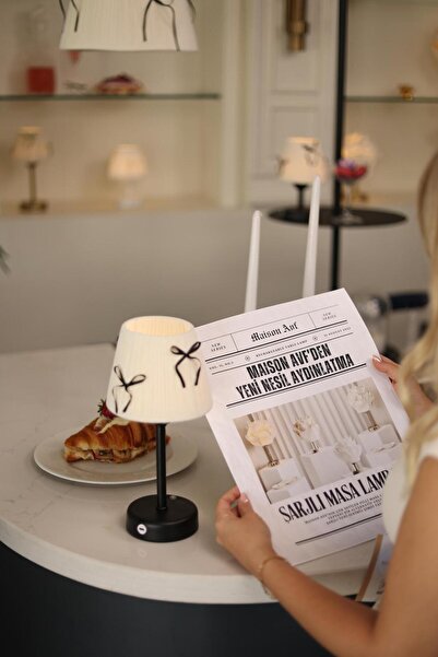 Maison Avf Krem Kadife Süet Siyah Fiyonk Kablosuz Şarjlı Masa Lambası - Alt Uzun Siyah