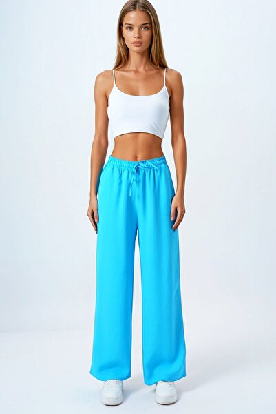 VAGGON Women's Blue Double Pocket Elastic Waist Palazzo Pants Vs00838