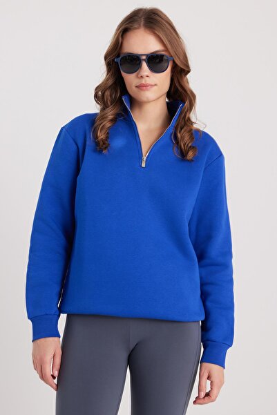 Tudors Γυναικείο φούτερ με ψηλό γιακά με μισό φερμουάρ, άνετο και χαλαρό κούρεμα, βαμβακερό εσωτερικό φλις, μπλε σαξόφωνο