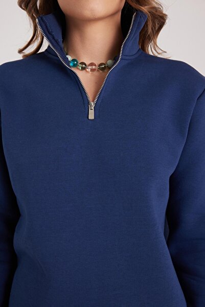 Tudors Γυναικείο φούτερ με ψηλό γιακά με μισό φερμουάρ, άνετο βαμβακερό εσωτερικό φλις, χαλαρή εφαρμογή, σκούρο μπλε