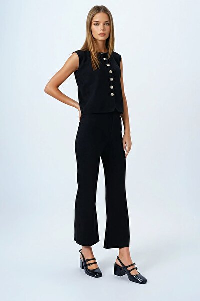 VAGGON Woman's black gold button detailed blouse and elastic waist palazzo pants knitwear set vs00844