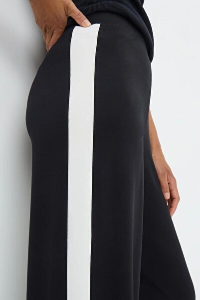 Kübra Tekstil Women's Black Wide Leg Relaxed Fit Pants with White Stripes on the Side, Women's Pants