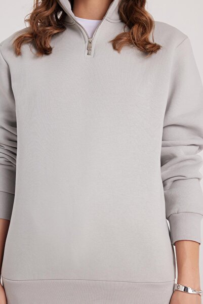 Tudors Γυναικείο φούτερ με χαλαρή εφαρμογή, άνετο κομμένο βαμβακερό φλις εσωτερικά, με μισό φερμουάρ, σε χρώμα πέτρας, όρθιο γιακά