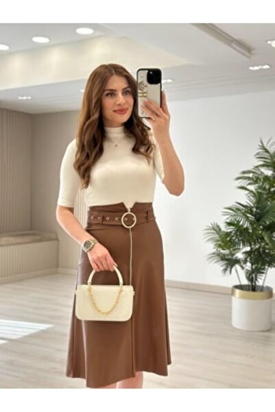 DISHI FASHİON Шкіряна спідниця з підкошеною тарілкою та блискавкою HAKİ