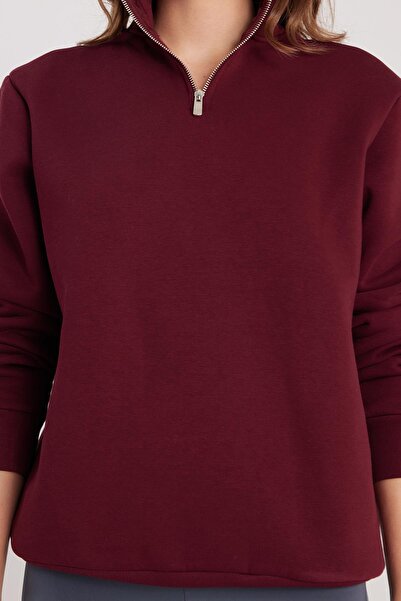 Tudors Kadın Relax Fit Rahat Kesim Pamuklu İçi Polarlı Yarım Fermuarlı Bordo Dik Yaka Sweatshirt