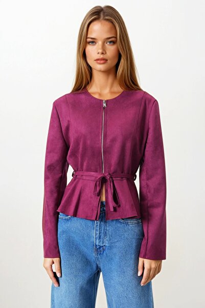 VAGGON Kadın Bordo Fermuarlı Bisiklet Yaka Süet Görünümlü Kemer Bağlamalı Kısa Ceket Vs00854