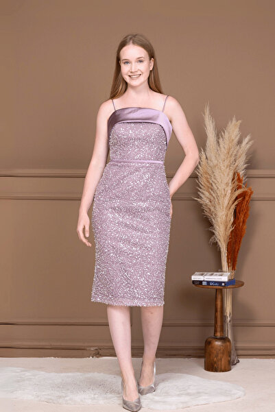 BEYBOS Φόρεμα με παγιέτες από ύφασμα σατέν με λεπτομέρεια - LİLA