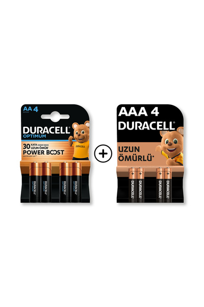Duracell Optimum AA Alkalin Kalem Pil 4’lü paket + AAA Alkalin İnce Kalem Pil 4'lü Paket