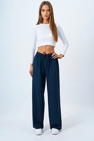 VAGGON Women's Petrol Green Lace-Up Elastic Waist Palazzo Pants Vs00837