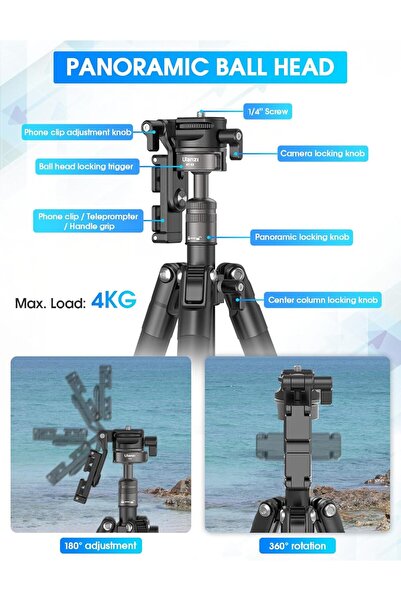 ulanzi MT-63 Mini Tripod 57" Foldable Aluminum Extendable with 2-in-1 Clip, 360° Ball Head, 5kg Loa