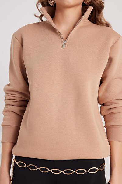 Tudors Γυναικείο φούτερ με χαλαρή εφαρμογή, άνετο κομμένο βαμβακερό φλις εσωτερικά, με μισό φερμουάρ, σε χρώμα πέτρας, όρθιο γιακά