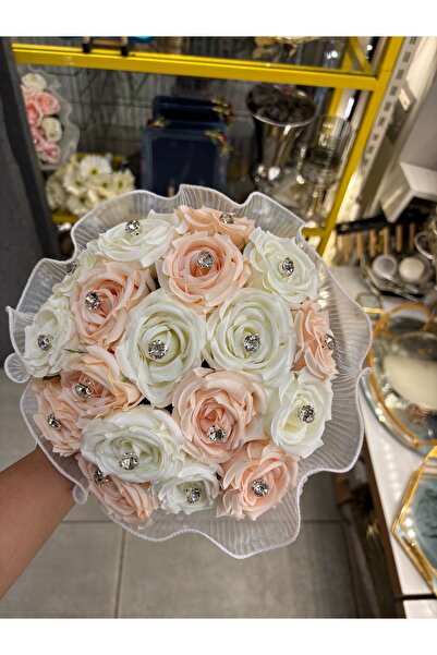 Çiçek Premium Pembe Beyaz Gül Buketi Taşlı Gelin Çiçeği, İsteme Çiçeği,