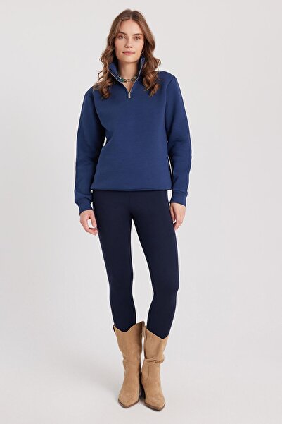 Tudors Γυναικείο φούτερ με ψηλό γιακά με μισό φερμουάρ, άνετο βαμβακερό εσωτερικό φλις, χαλαρή εφαρμογή, σκούρο μπλε