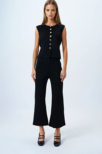VAGGON Woman's black gold button detailed blouse and elastic waist palazzo pants knitwear set vs00844