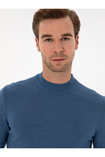 Cacharel Koyu Mavi Slim Fit Yün Karışımlı Çeyrek Balıkçı Basic Triko Kazak 50315295-VR032