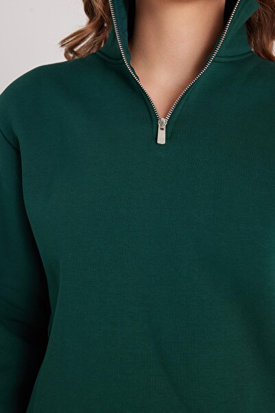 Tudors Γυναικείο φούτερ με ψηλό γιακά με μισό φερμουάρ, άνετο βαμβακερό εσωτερικό φλις, χακί χρώματος