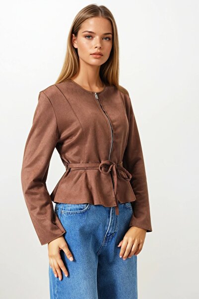 VAGGON Women's Tan Zippered Crew Neck Suede Look Belted Short Jacket Vs00854