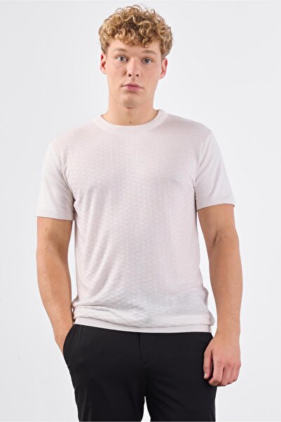 Dufy Ekru O Yaka Düz Renk Kısa Kollu Slim Fit Triko Tshirt