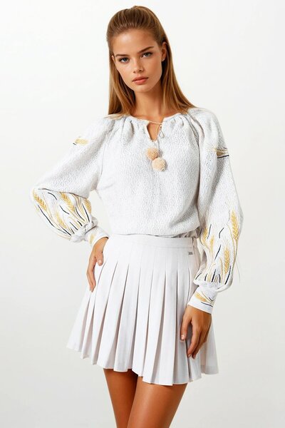 VAGGON Γυναικεία μπλούζα Bohemian με κεντημένη φούντα με κορδόνια σε μπεζ χρώμα Vs00861