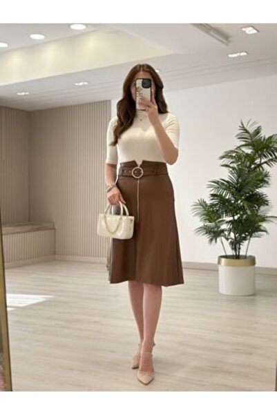 DISHI FASHİON Шкіряна спідниця з підкошеною тарілкою та блискавкою HAKİ