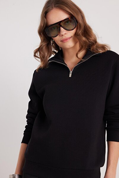 Tudors Kadın Relax Fit Rahat Kesim Pamuklu İçi Polarlı Yarım Fermuarlı Siyah Dik Yaka Sweatshirt