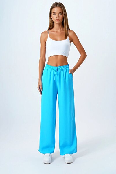 VAGGON Women's Blue Double Pocket Elastic Waist Palazzo Pants Vs00838