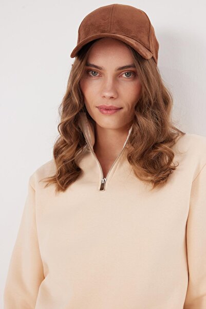 Tudors Γυναικείο φούτερ με ψηλό γιακά με μισό φερμουάρ, άνετο βαμβακερό εσωτερικό φλις, χρώμα εκρού