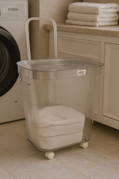 Living Transparent Acrylic Laundry Basket with Wheels and Elegant Lid