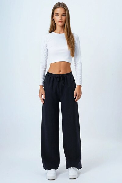 VAGGON Women's Anthracite Lace-Up Elastic Waist Palazzo Pants Vs00837
