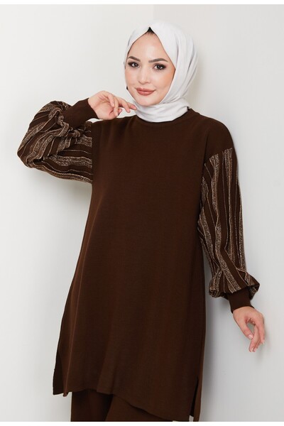 KAYA BUTİK بلوزة تريكو بأكمام بالون وتفاصيل شبكية