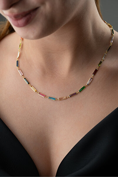 Silvano Jewelry 925 Ayar Gümüş Baget Mix Taşlı Kolye