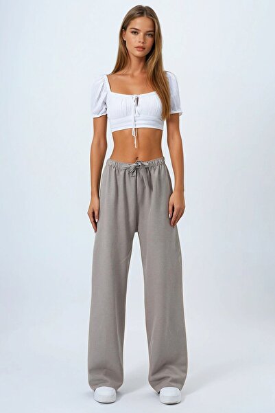 VAGGON Women's Gray Lace-Up Elastic Waist Palazzo Pants Vs00837
