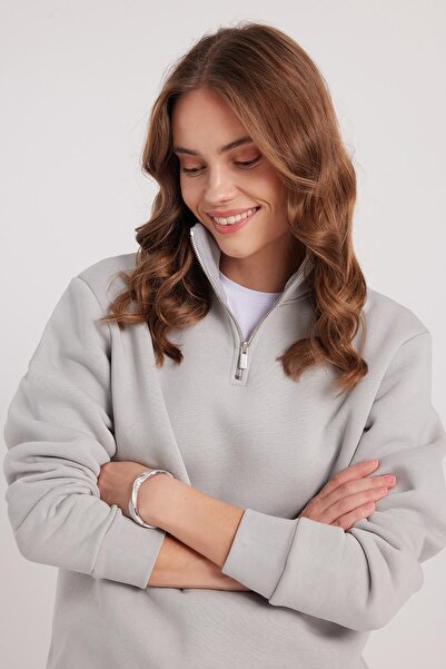 Tudors Γυναικείο φούτερ με χαλαρή εφαρμογή, άνετο κομμένο βαμβακερό φλις εσωτερικά, με μισό φερμουάρ, σε χρώμα πέτρας, όρθιο γιακά