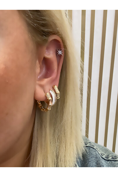 Hicrans Takı HALKA MODEL GOLD DETAYLI ÜÇLÜ SET ÇELİK KÜPE