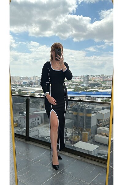 Pulli Collection Contrast Stitched Deep Slit Long Black Dress